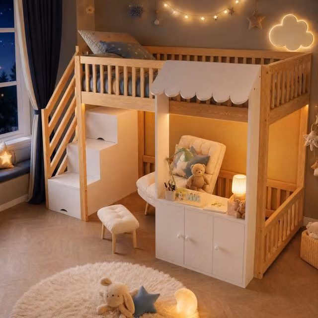 Letto a soppalco 90 × 200 cm 1 posto con scala contenitore, LED multicolore e spazio inferiore, senza materasso, legno