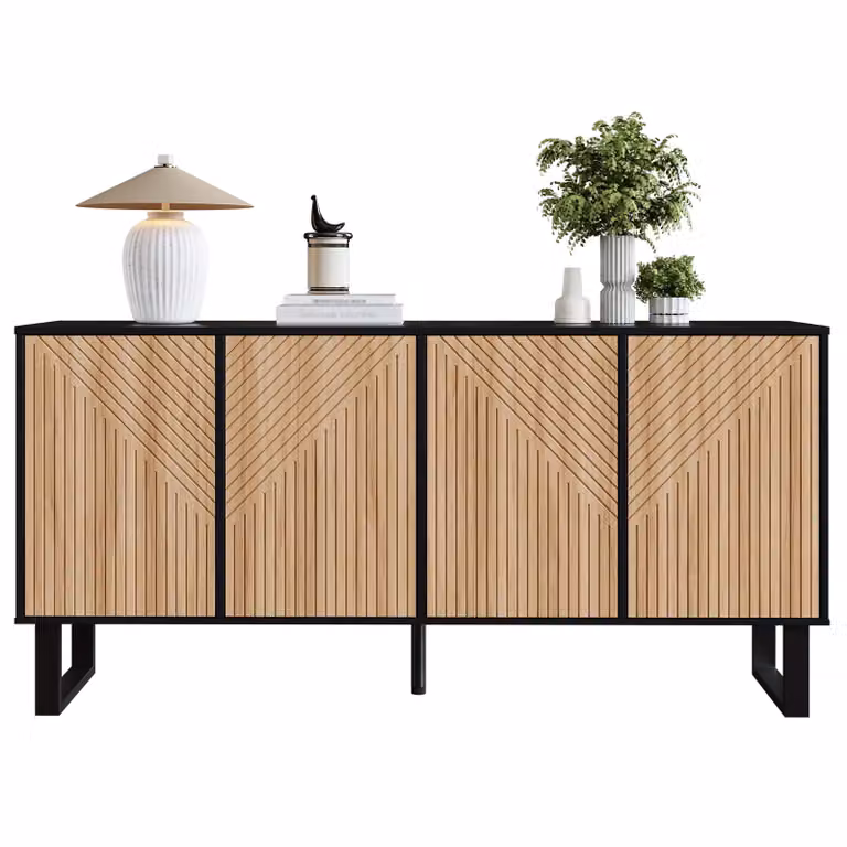 Fortuna Lai Credenza moderna e minimalista, design contrastante in legno nero venato, frontale con strisce 3D, ampio spazio contenitivo, adatta per l'ingresso e il soggiorno.