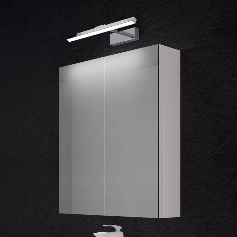 doporro Armadietto a Specchio 60x15x70cm con Lampada da Specchio LED per Bagno 40cm, 9W 4000K, Specchiera Bagno Mobilettto da Parete Bianco con 2 Ante e Applique Specchio Cromo, Spiegelschrank 02