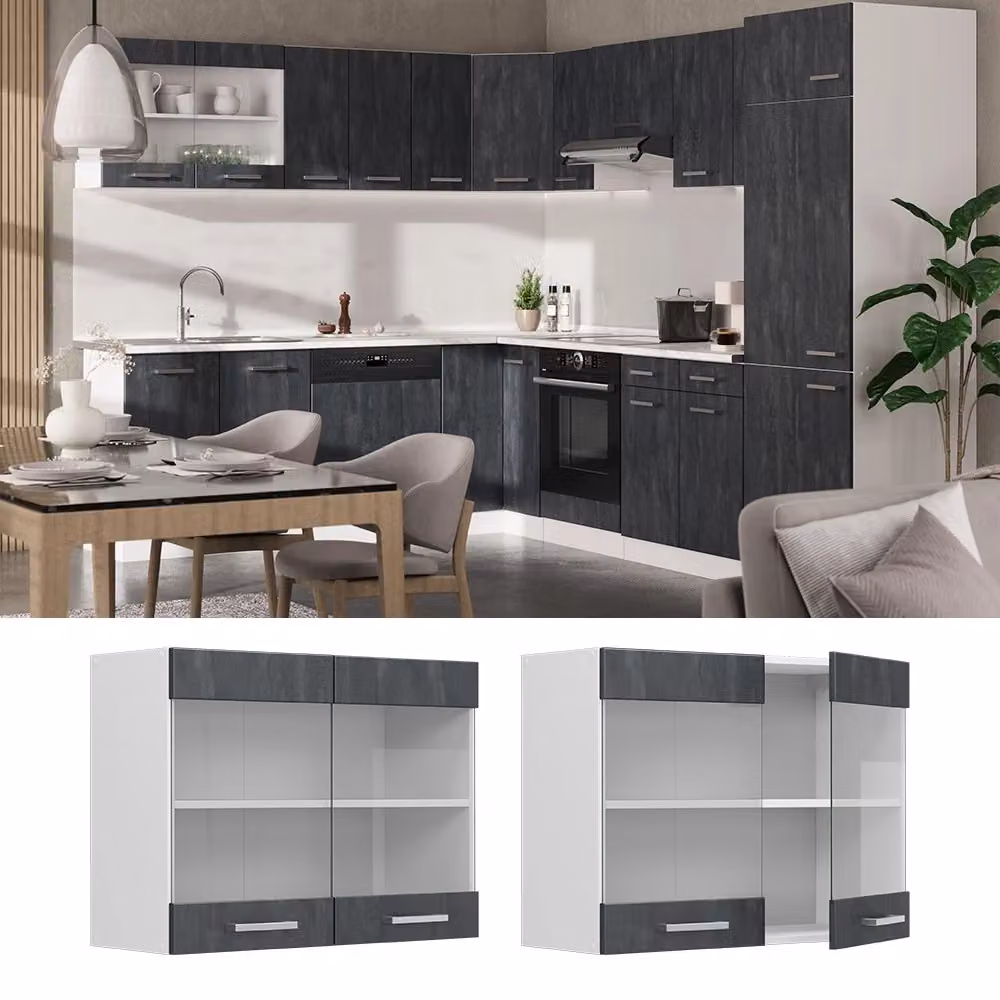Pensile da cucina moderno Vicco R-Line con ante in vetro, Bianco/Nero, L: 80 cm, H: 60 cm, P: 31 cm – 2