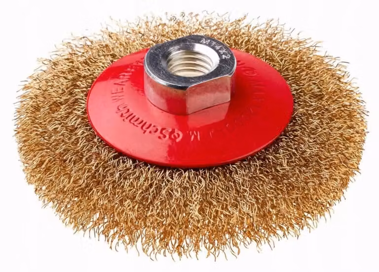 Spazzola circolare Schmith, diametro 100 mm, attacco 6 mm, filo di acciaio ondulato. Spazzola metallica per smerigliatrici angolari e flessibili