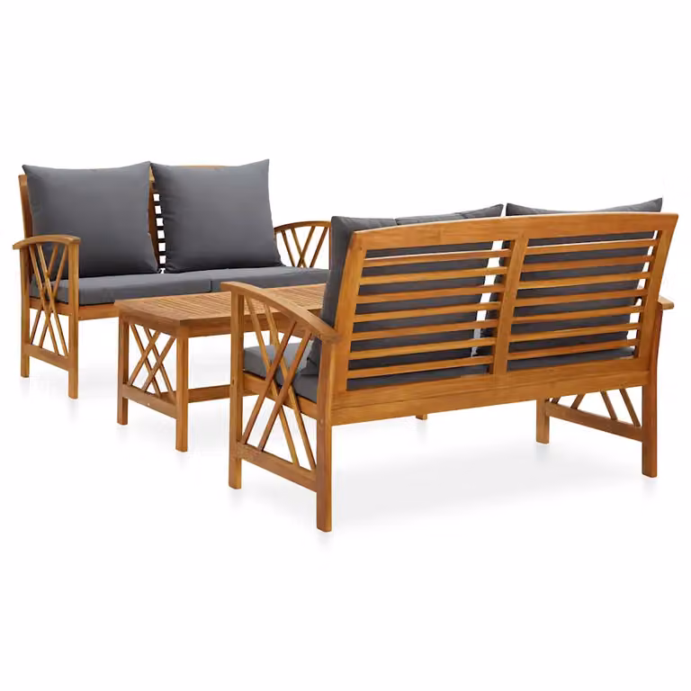 Set da giardino vidaXL in legno di acacia con cuscini, divano a 2 posti e tavolino da caffè, marrone e grigio