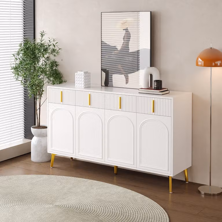 okwish Mobile da cucina, cassettiera con ampio spazio di archiviazione, mobile con 4 ante, 4 cassetti, cassettiera per soggiorno, 140×37,8×82 cm, Bianco