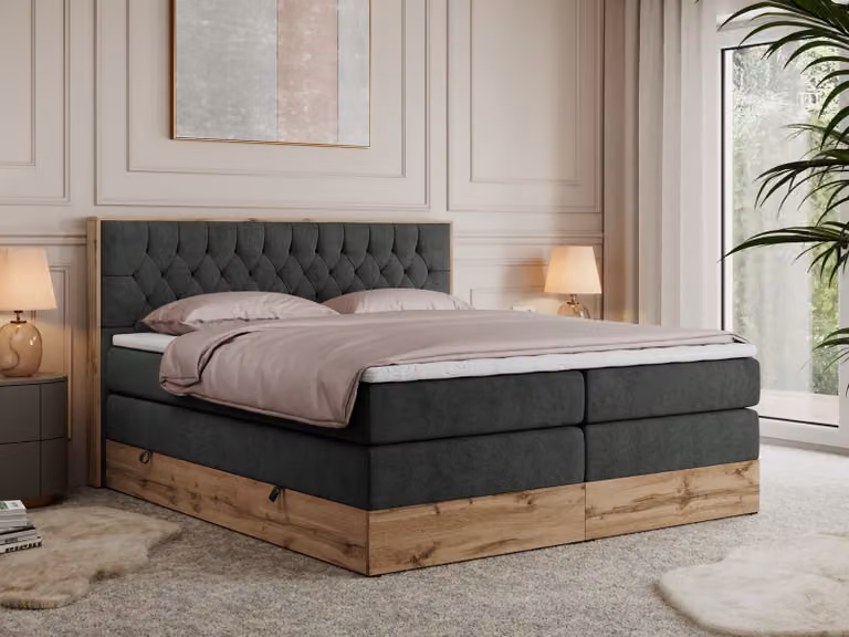 Letto continentale Boxspring AMORE KING con contenitore - 140x200 cm - Materasso H4 - Tessuto strutturato grigio - Topper T25