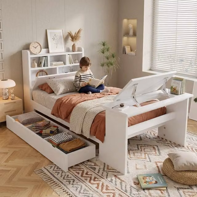 Letto singolo 90x200 con cassetto; pannelli in legno; testiera a ripiani e tavolino ribaltabile bianco