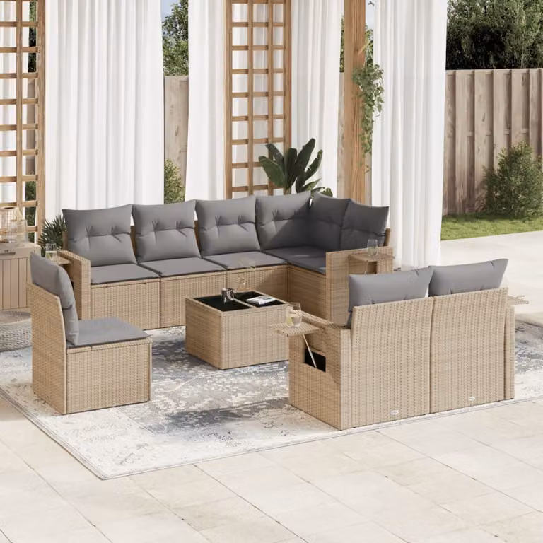vidaXL Set Divano da Giardino 9 pz a Forma a L con Cuscini Beige e Tavolino, Struttura in Metallo e Polyrattan