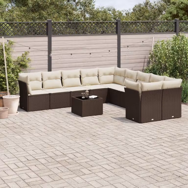 Set di divani da giardino vidaXL 11 pezzi con cuscini e tavolino da esterno marrone e bianco in rattan e metallo