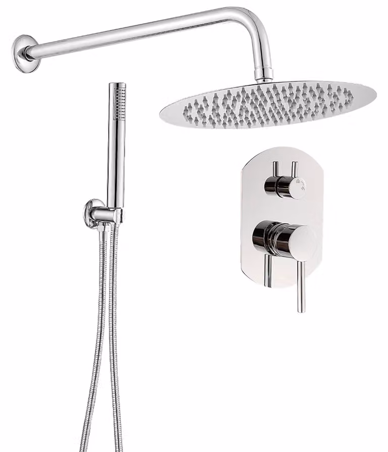 Doccia da incasso a 2 getti, con soffione a pioggia e doccetta manuale, forma circolare, diametro 20 cm, finitura cromata