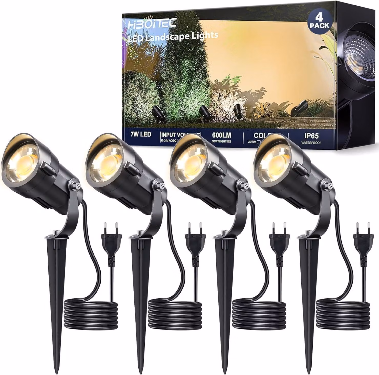 Set di 4 faretti da giardino, 7W LED, 3000K (luce bianca calda), cavo da 1,5 metri, per uso esterno