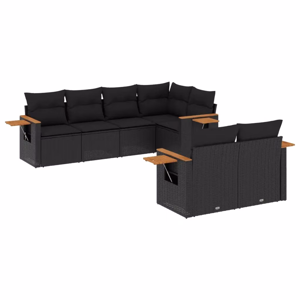 vidaXL Set Divani da Giardino a L con Cuscini 7pz in Polyrattan Nero e Legno di Acacia – 2