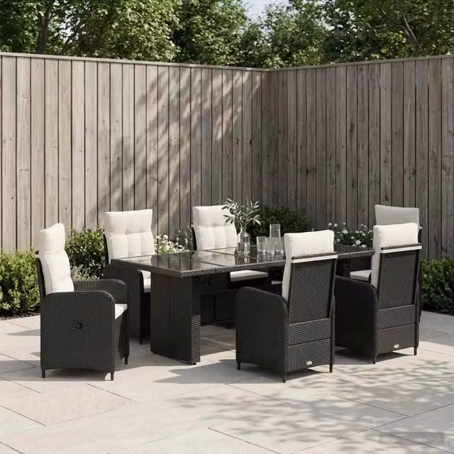 Set da pranzo per esterni vidaXL in polyrattan da 7 pezzi, colori nero, bianco e beige, con tavolo rettangolare in legno di acacia