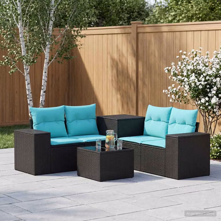 Set di divani da giardino vidaXL in polyrattan e metallo nero e blu con cuscini inclusi