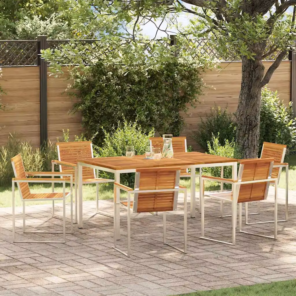 Set da pranzo per giardino e terrazzo vidaXL in legno di acacia e acciaio inossidabile, 7 pezzi, marrone e argento