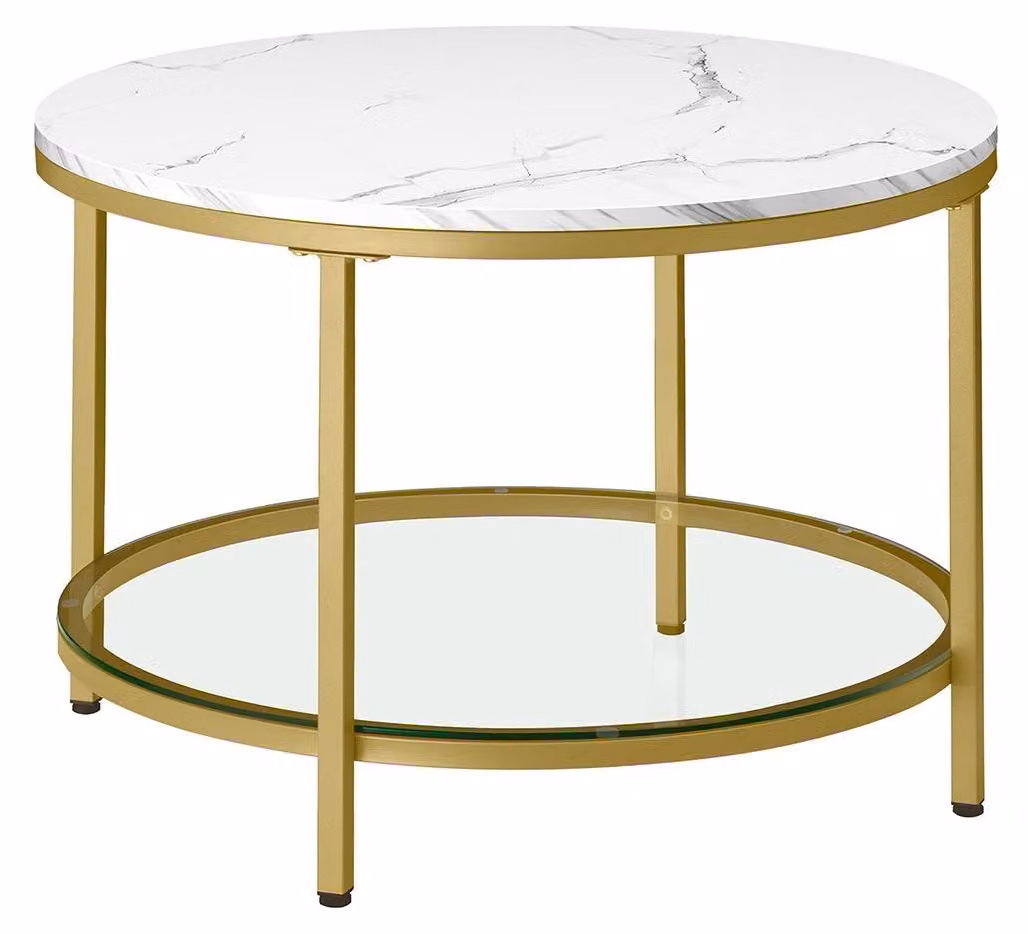 Tavolino da caffè in marmo, bianco e oro chiaro – design moderno – vetro e acciaio – 65 x 46 x 73,5 cm