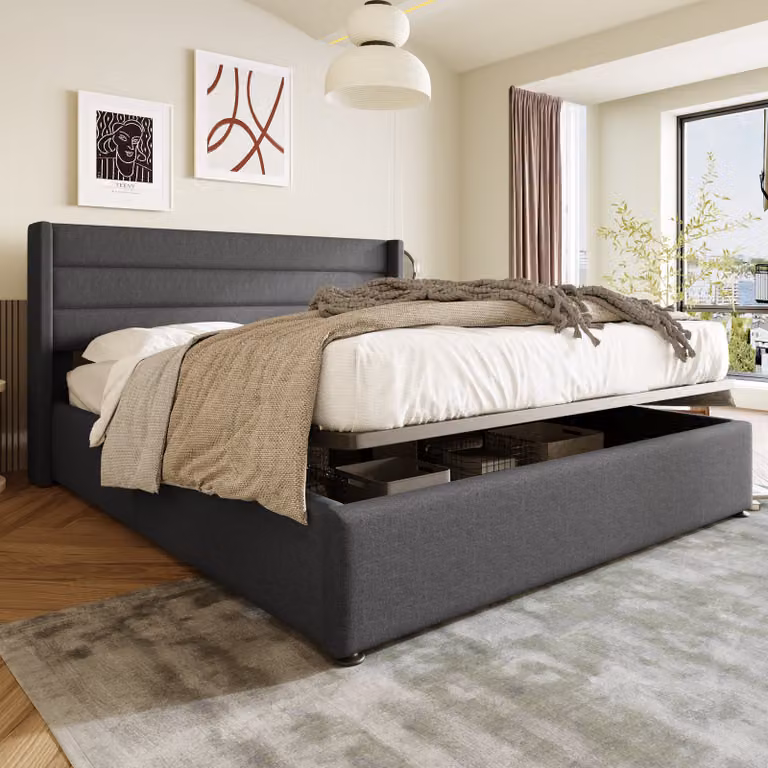 Flieks Letto imbottito con contenitore e rete a doghe Letto matrimoniale idraulico Letti funzionali 180x200cm