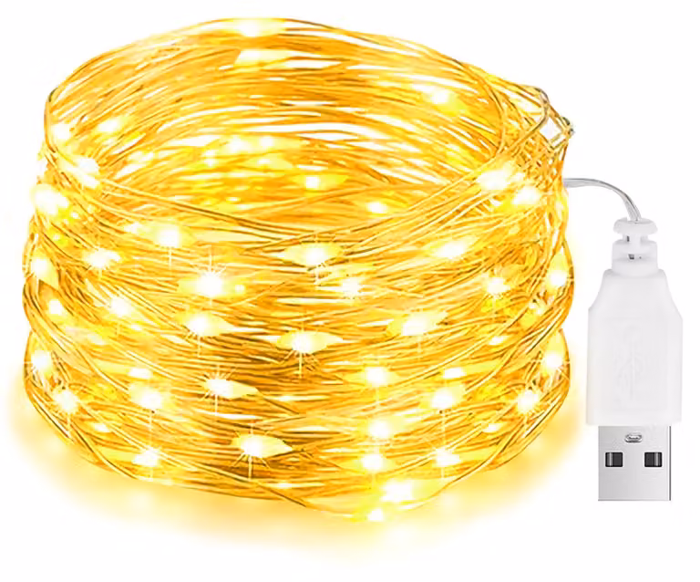 Catena luminosa a LED, alimentazione USB, 10 metri, 100 LED, luce bianco caldo, filo di rame, grado di protezione IP65