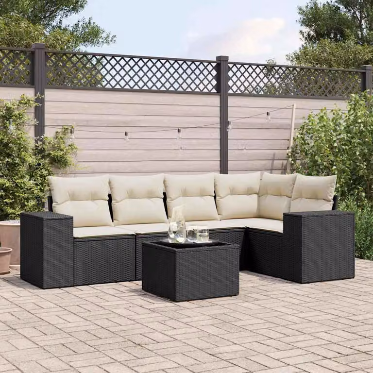 Set Divano da Giardino vidaXL 6 pz a Forma a L in Polyrattan Nero con Cuscini e Tavolino da Esterno
