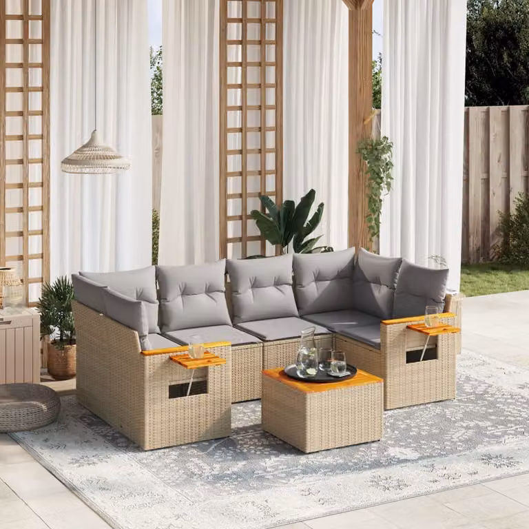 vidaXL Set Divani da Giardino 7 pz in Polyrattan con Cuscini Beige e Tavolino da Esterno