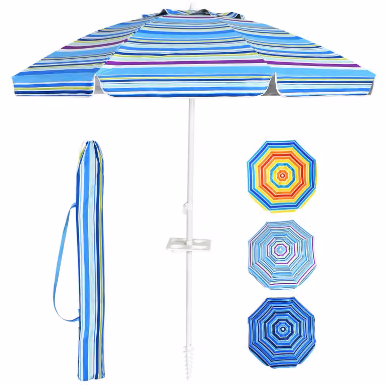 Ombrellone da 220 cm, ombrellone da spiaggia con sistema di fissaggio e portabevande, ombrellone da giardino inclinabile, ombrellone da terrazza, ombrellone da mercato con borsa per il trasporto, ombrellone rotondo con protezione UV 50+ (a strisce colorat