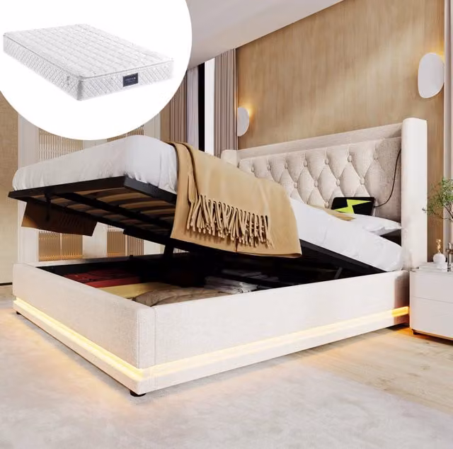 Letto contenitore ULEVR 140x200 cm beige in cotone con LED, USB e Type-C, testiera imbottita