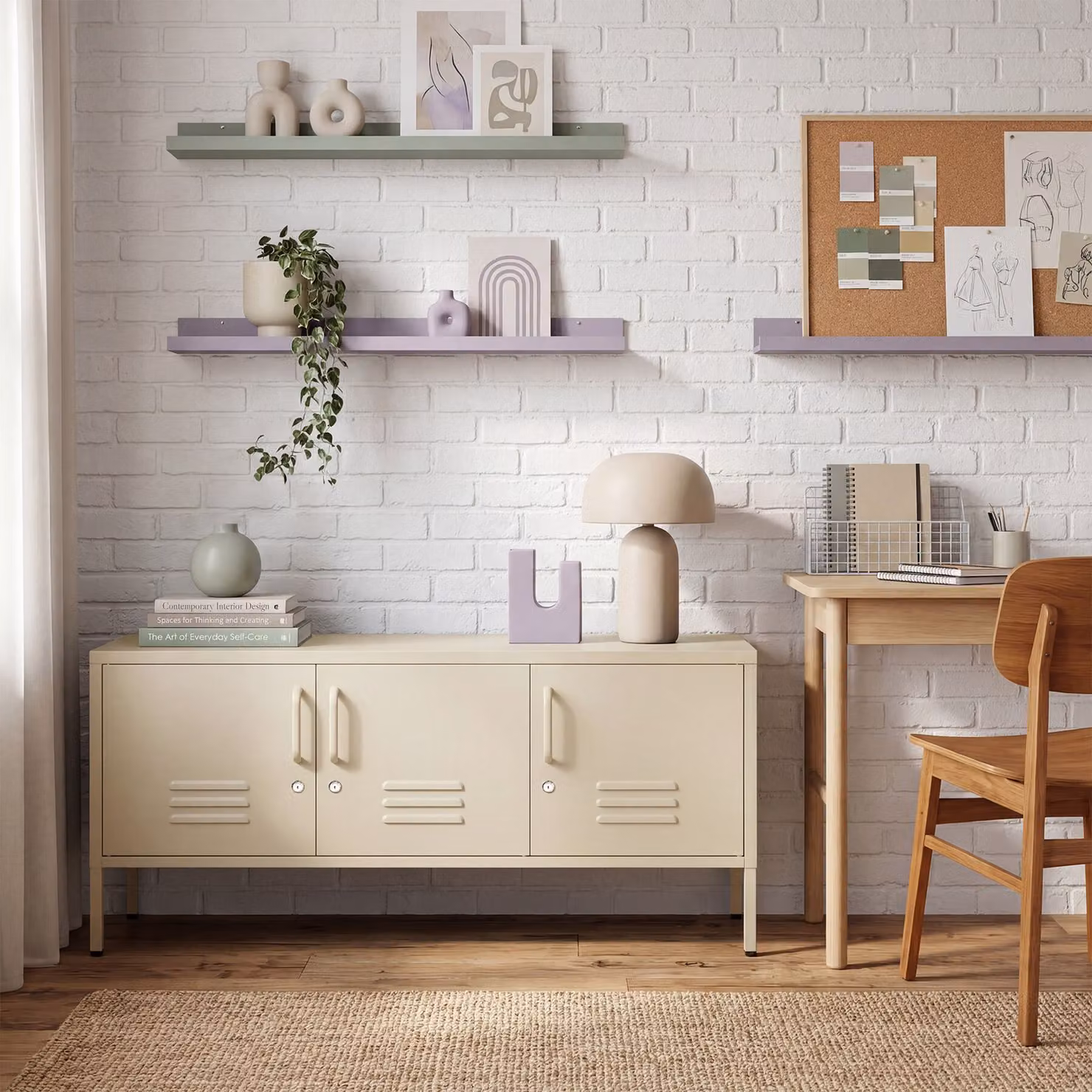 Credenza moderna Tectake in stile lacca beige per soggiorno e cucina L: 120 cm, P: 37,5 cm, H: 55,5 cm – 2