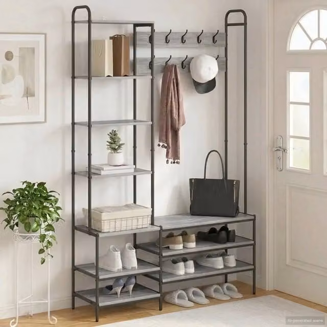 Appendiabiti con panca per scarpe stile industrial vidaXL in legno e metallo grigio L/P/H: 120,5 x 34 x 190 cm