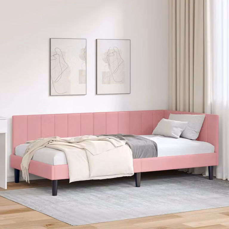 Cornice del letto ad angolo vidaXL in velluto rosa, L/P/H: 200 x 90 x 72 cm