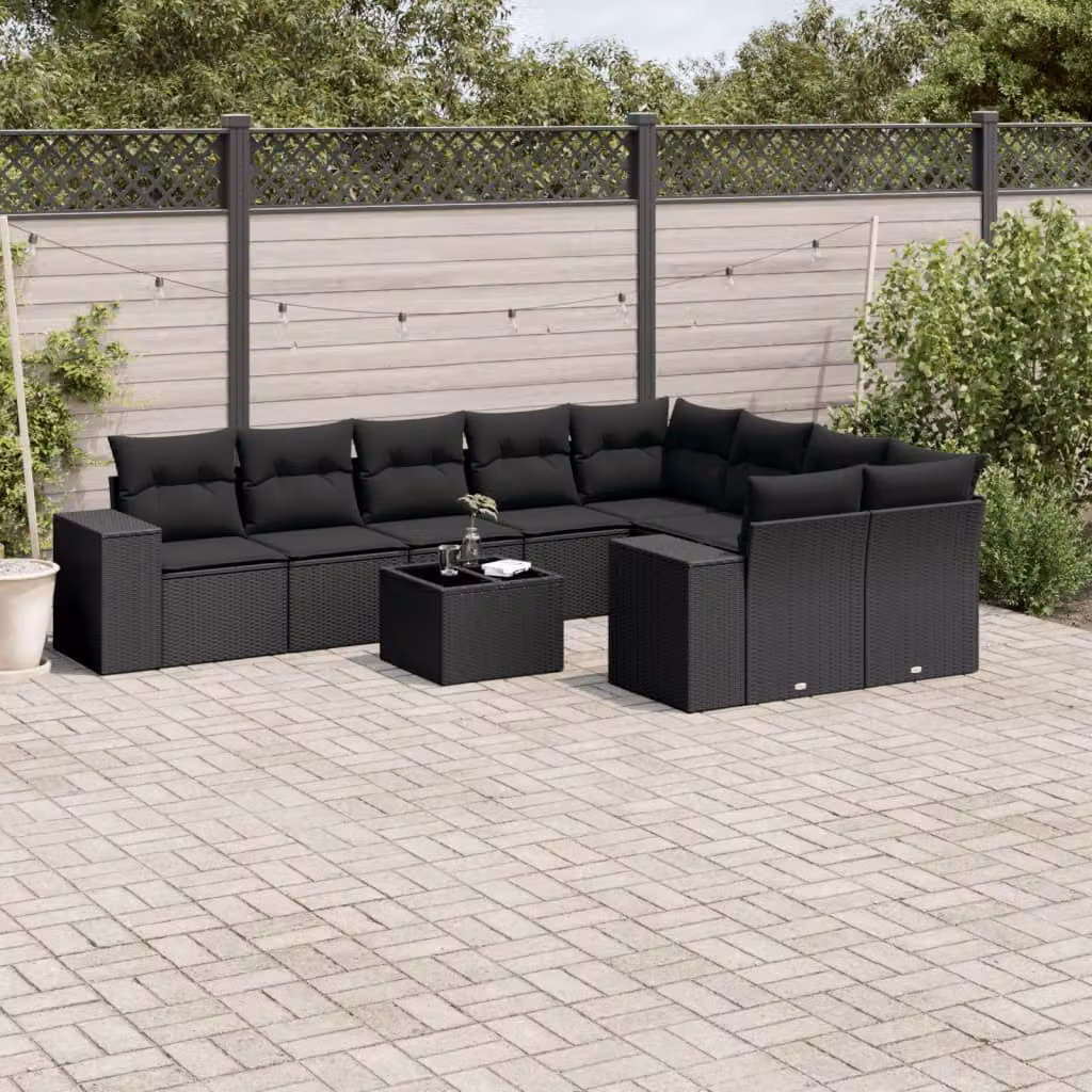 Set di divani da giardino vidaXL a forma di L in polyrattan nero con cuscini e tavolino da esterno