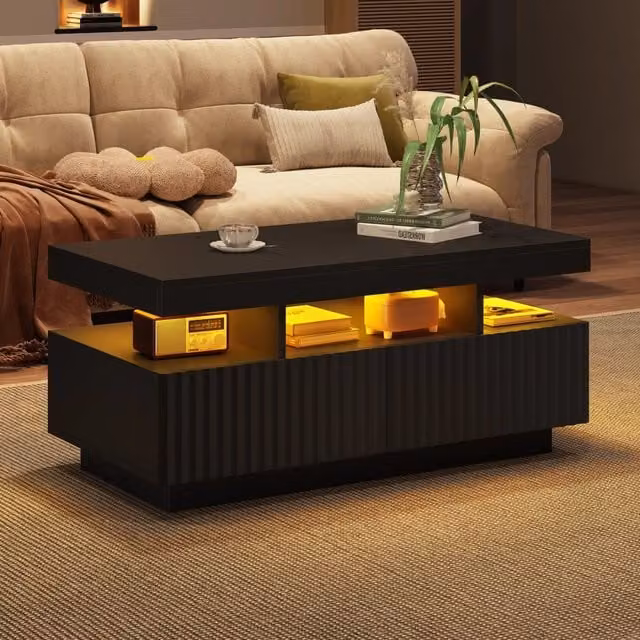 Tavolino da salotto con 2 cassetti scanalati, vano aperto e LED controllabile tramite app, nero, 100 × 50 × 45 cm