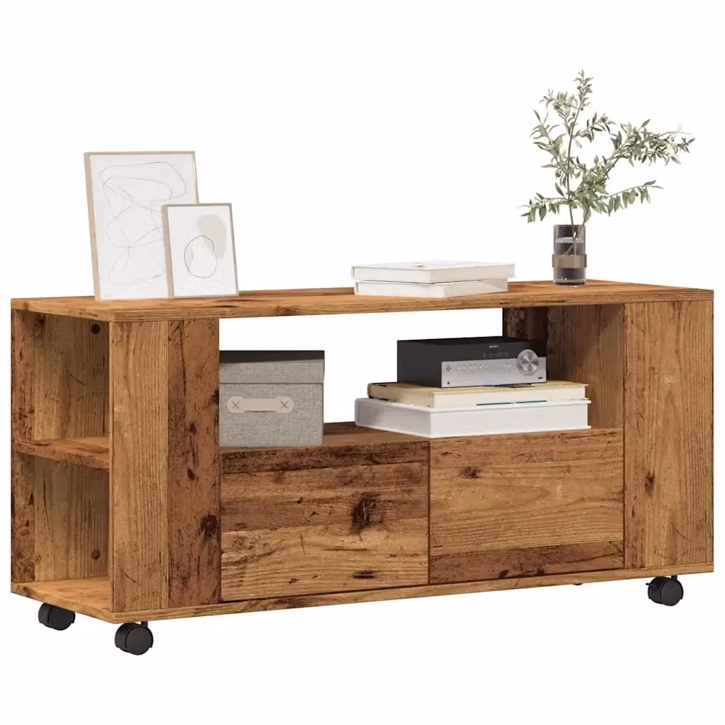 Mobile porta TV con ruote in legno antico marrone con scomparti multimediali L 102 cm, P 34,5 cm, H 43 cm – 2