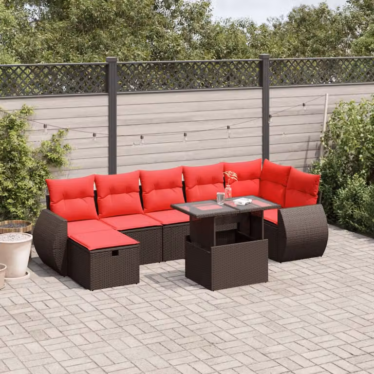 Set di divani da giardino vidaXL 8 pezzi in polyrattan marrone con cuscini e tavolino da esterno