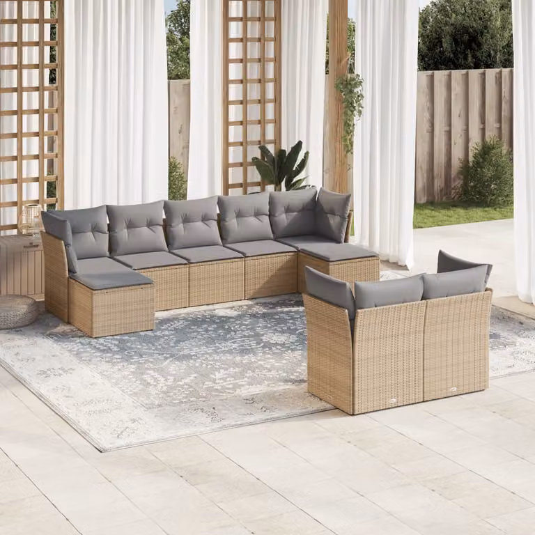 vidaXL Set Divano da Giardino 9 pz a forma di U con Cuscini Beige e Struttura in Metallo e Polyrattan