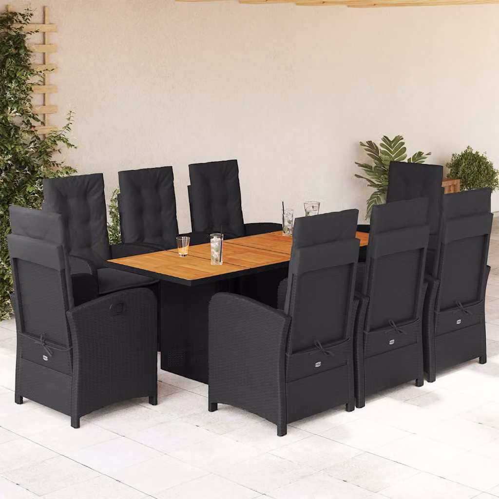 Set da pranzo da giardino vidaXL in polyrattan e legno di acacia con 9 pezzi e cuscini, colore nero e marrone