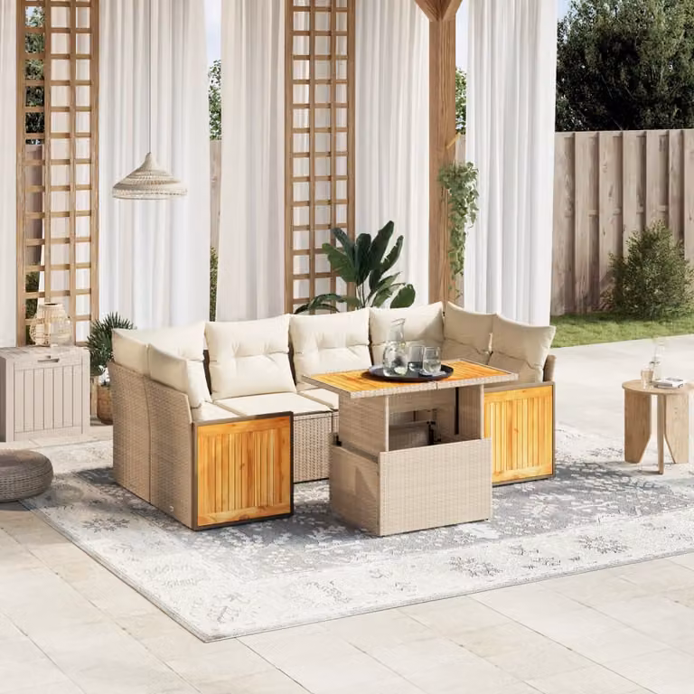 vidaXL Set Divani da Giardino 7 pz a Forma a L in Polyrattan con Cuscini Beige e Tavolino da Caffè
