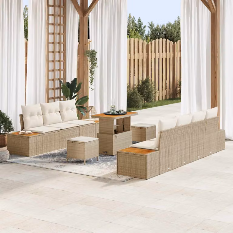 Set Divano da Giardino vidaXL 10 Pezzi a Forma di L con Tavolino e Pouf, Beige e Bianco