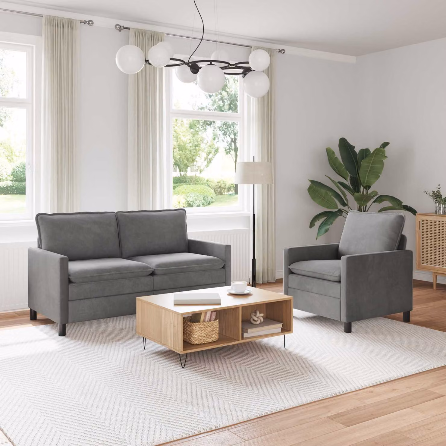 Set di 2 divani moderni vidaXL in velluto grigio con struttura in metallo e cuscini inclusi