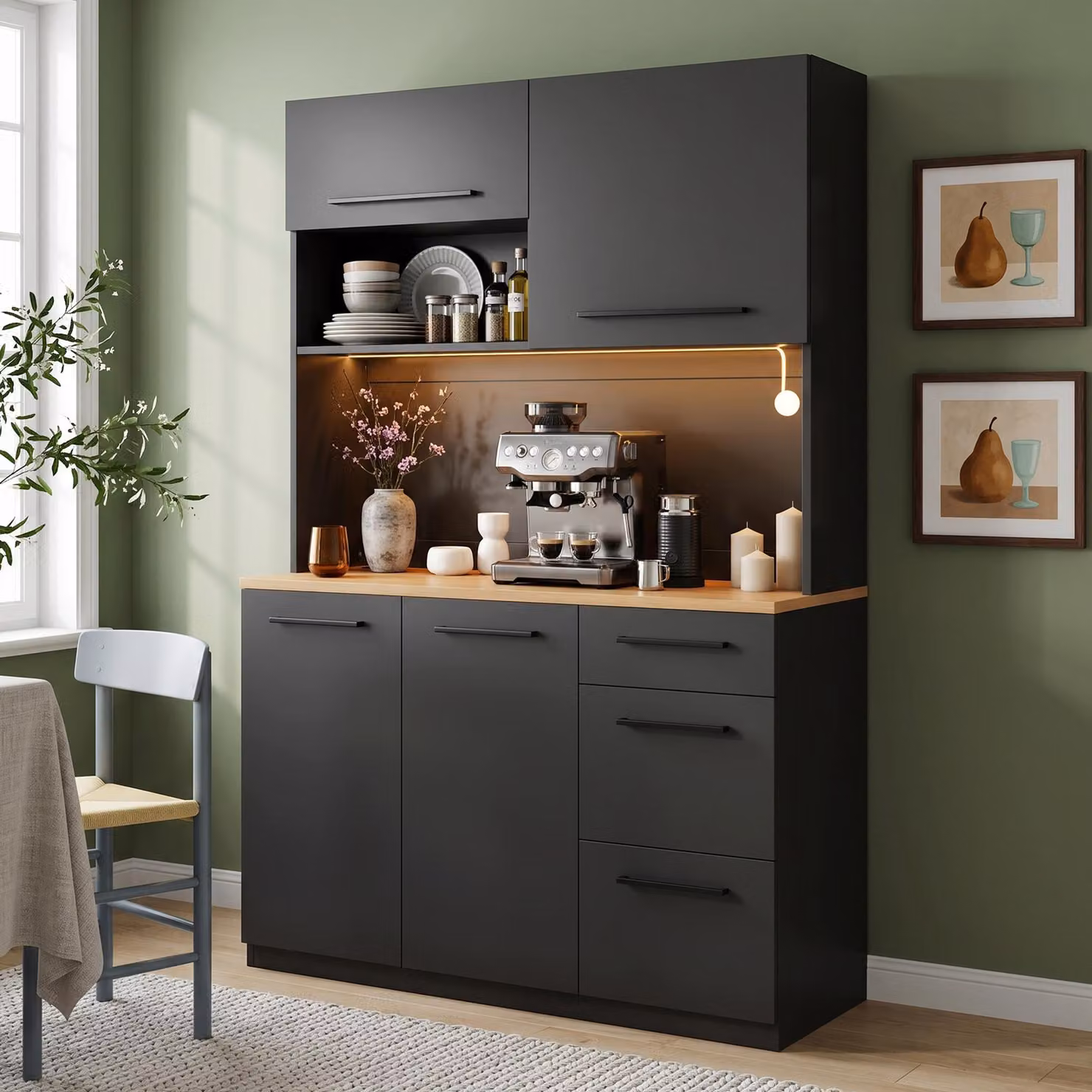 Armadio alto Flieks con scomparti multistrato, presa di corrente integrata e porte USB, mobiletto da cucina 120×40×180 cm, credenza, colore nero