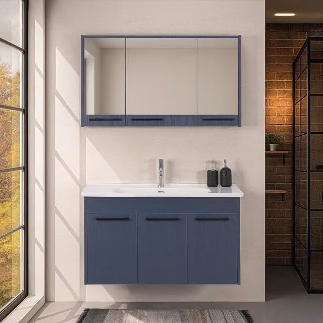 Mobile bagno sospeso INBAGNO Sofia blu effetto legno con armadietto a specchio L: 100 cm, P: 45 cm, H: 55 cm