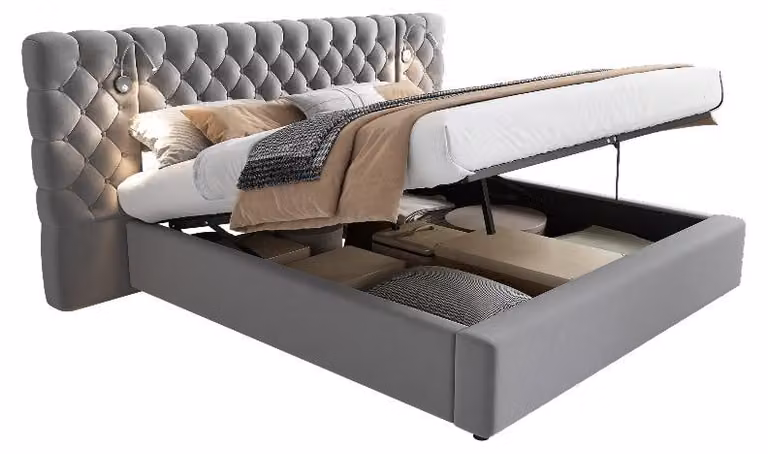 Letto imbottito 160x200 cm, grigio, in velluto, con contenitore e sistema di sollevamento idraulico e illuminazione a LED, ideale per la camera da letto