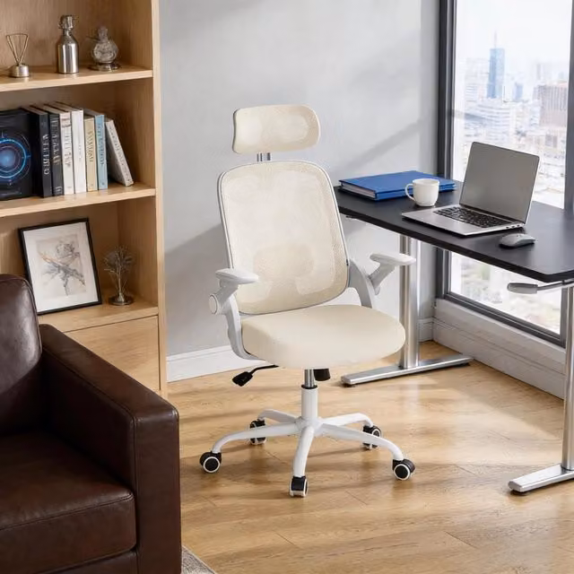 Sedia da ufficio ergonomica REDOM beige con schienale alto in rete, poggiatesta e braccioli 3D