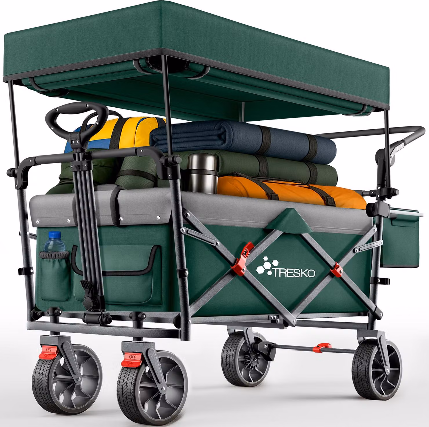 TRESKO® Carrello pieghevole con tetto verde, vano refrigerante e tende laterali a rullo | Carrello con carico massimo fino a 150 kg | Carrello di trasporto con pneumatici in gomma piena e freni di stazionamento (anteriore e posteriore) e cintura a 3 punti