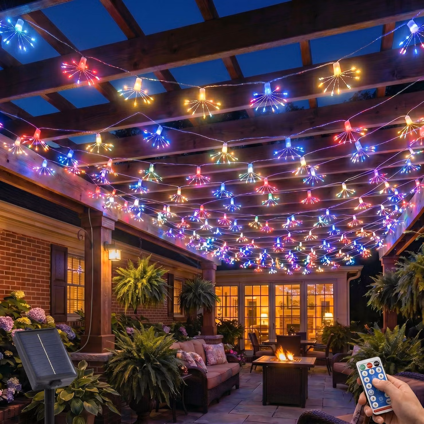 Set di 2 catene luminose solari, lunghezza 3 metri, 100 LED colorati, effetto "fuochi d'artificio"
