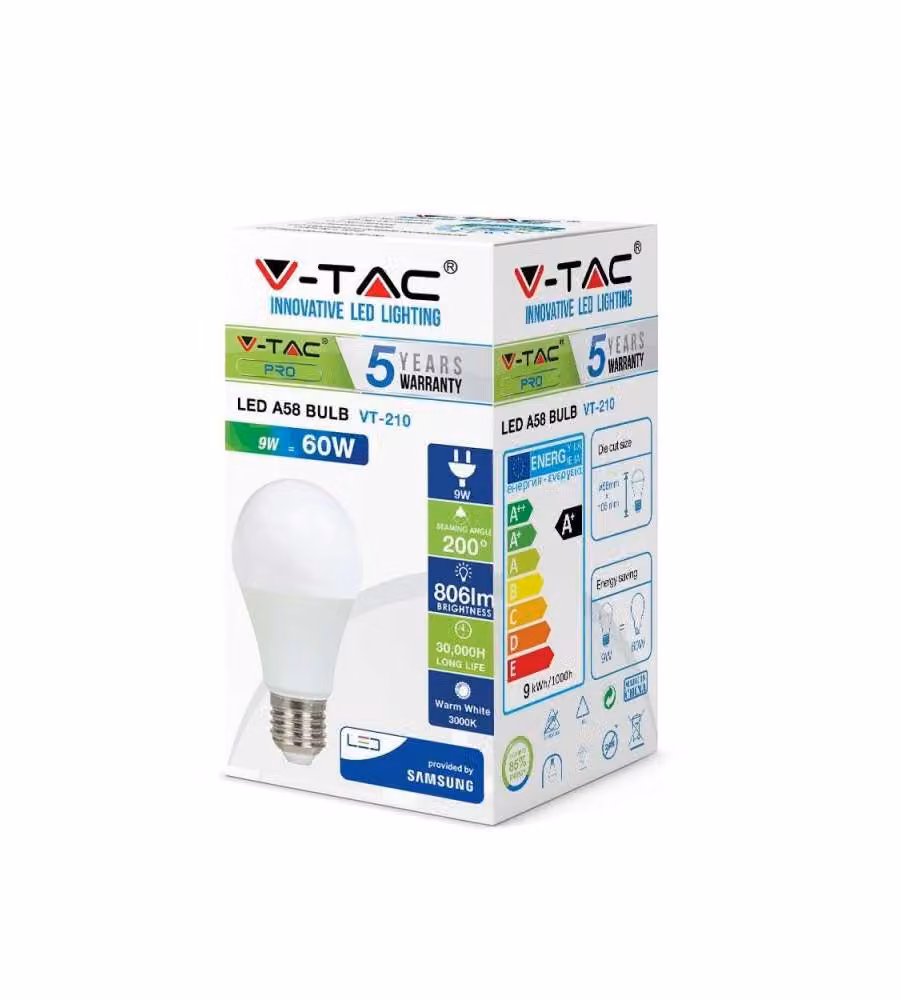 V-TAC Lampadina LED Goccia 9W E27 3000K - Bianco Caldo