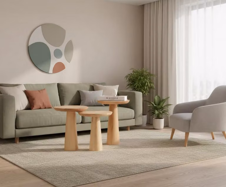 Tavolini da salotto eleganti in legno, beige, esclusivi, rotondi, per il salotto, comodi, nuovi