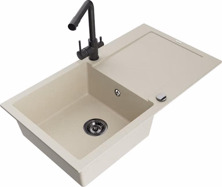 Mexen Leo lavello in granito a 1 vasca con sgocciolatoio e rubinetto da cucina Duero, beige- 6501-69-671600-70