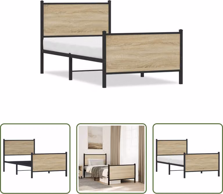 The Living Store Struttura letto con testiera e pediera in metallo rovere Sonoma 90x190 cm