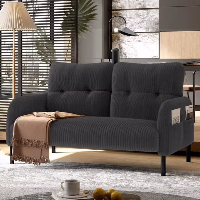 Divano a 2 posti OKWISH in velluto a coste grigio con schienale ergonomico e tasca laterale in metallo L: 120 cm, P: 75 cm, H: 79 cm