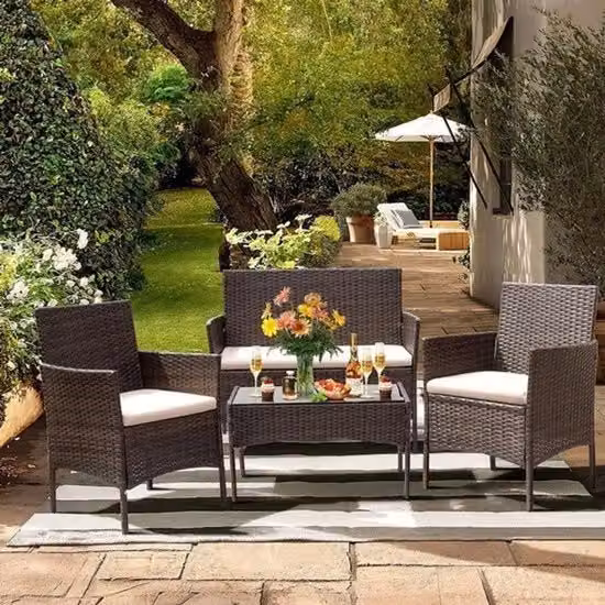 Set di mobili per giardino - Resistenti alle intemperie in polirotano - Inclusi cuscini - Tavolo con vetro antiproiettile - Per giardino, balcone e terrazza