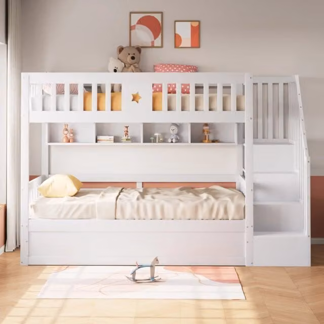 Letto a castello in legno 90x200 cm con letto inferiore contenitore; scala con vani e scaffali; bianco