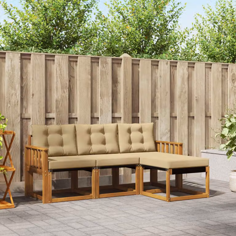 Set di divani da esterno vidaXL a forma di L in legno di acacia con cuscini e pouf, colore marrone e beige